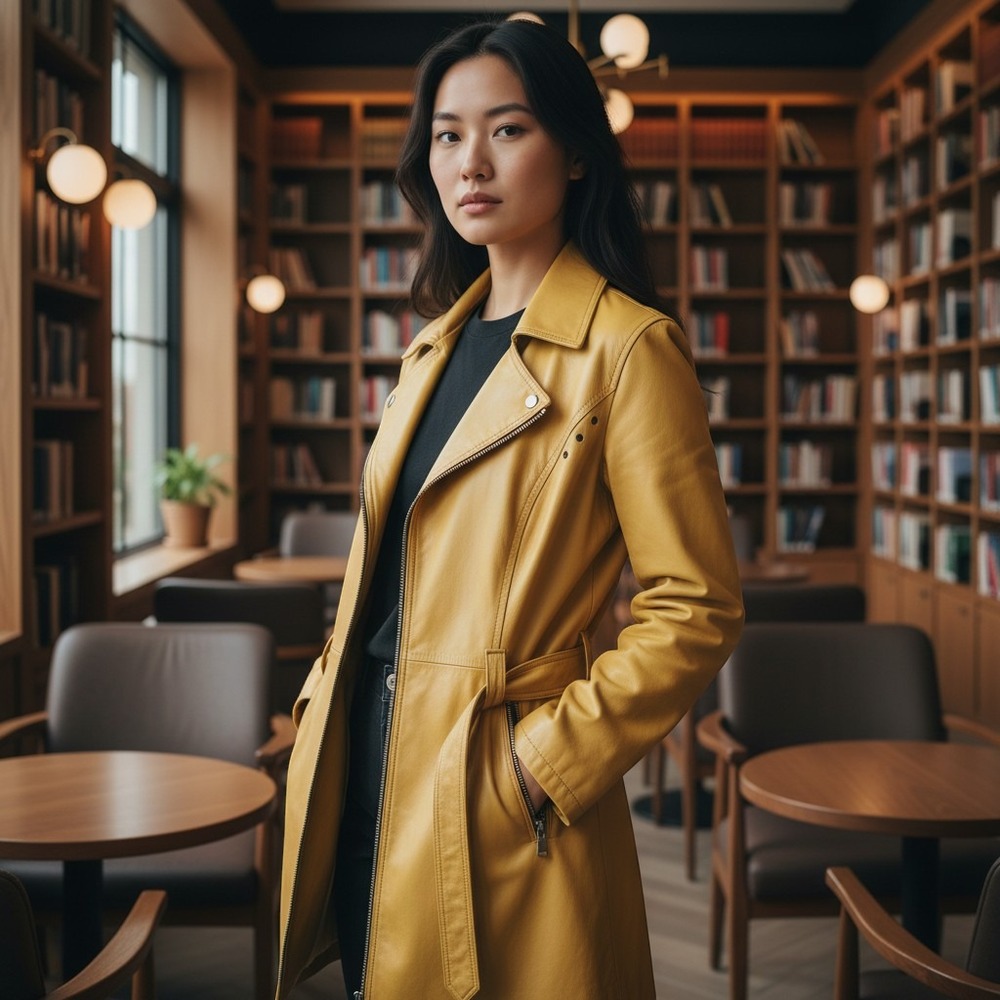 Nicole‎ Miller Yellow Genuine Leather Belted Zip Up Trench Coat Jacket Womens